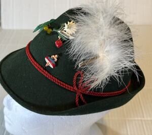 Vintage Green Felt Child's German Alpine Hat w/ Feather & Pins